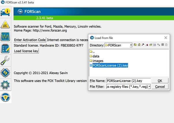Select FORScan License File