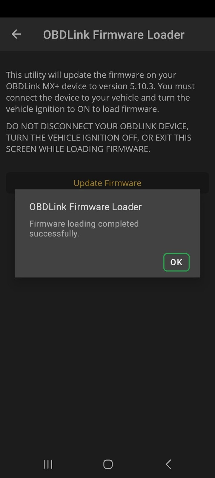 Android Firmware Updates, loading successful screen. The OK button is highlighted.