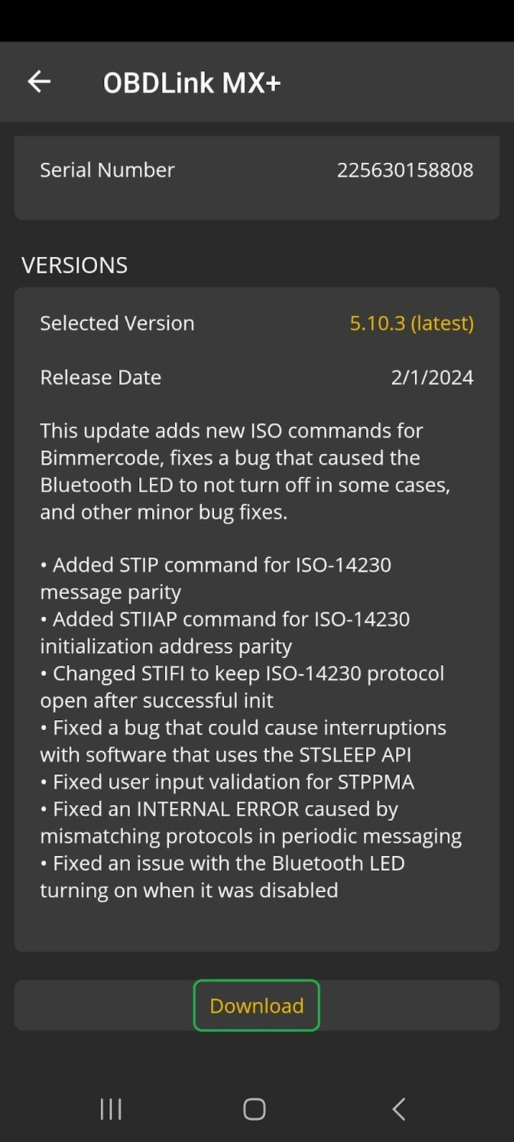 Android Firmware Updates, the lower portion of the screen. Details for the latest firmware version are displayed. The Download button is highlighted.