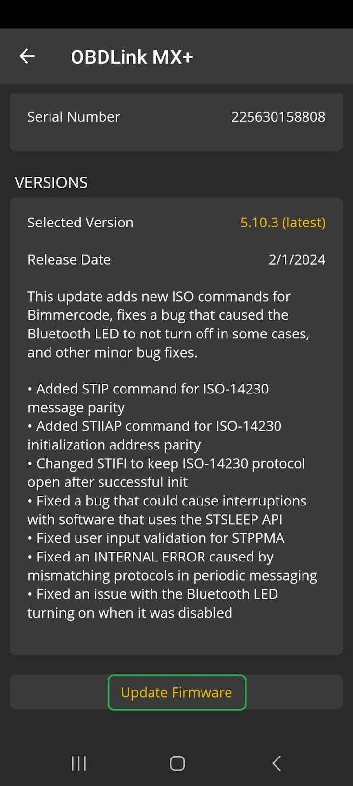 Android Firmware Updates, the lower portion of the screen. Details for the latest firmware version are displayed. The update firmware button is highlighted.
