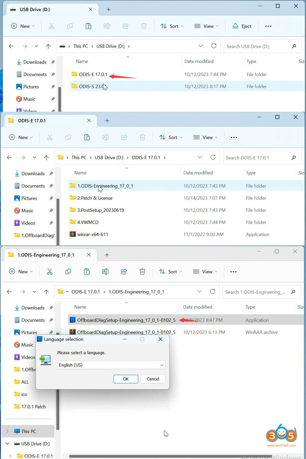 Installing ODIS-E V17, selecting the setup language.