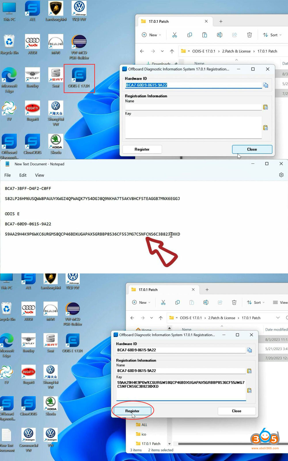 Entering the activation key provided by the engineer to register ODIS-E V17.
