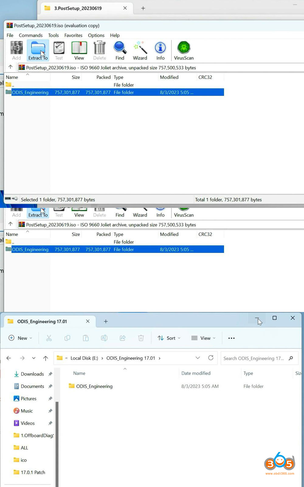Extracting the PostSetup file to Disk E from the ODIS-E V17 folder.