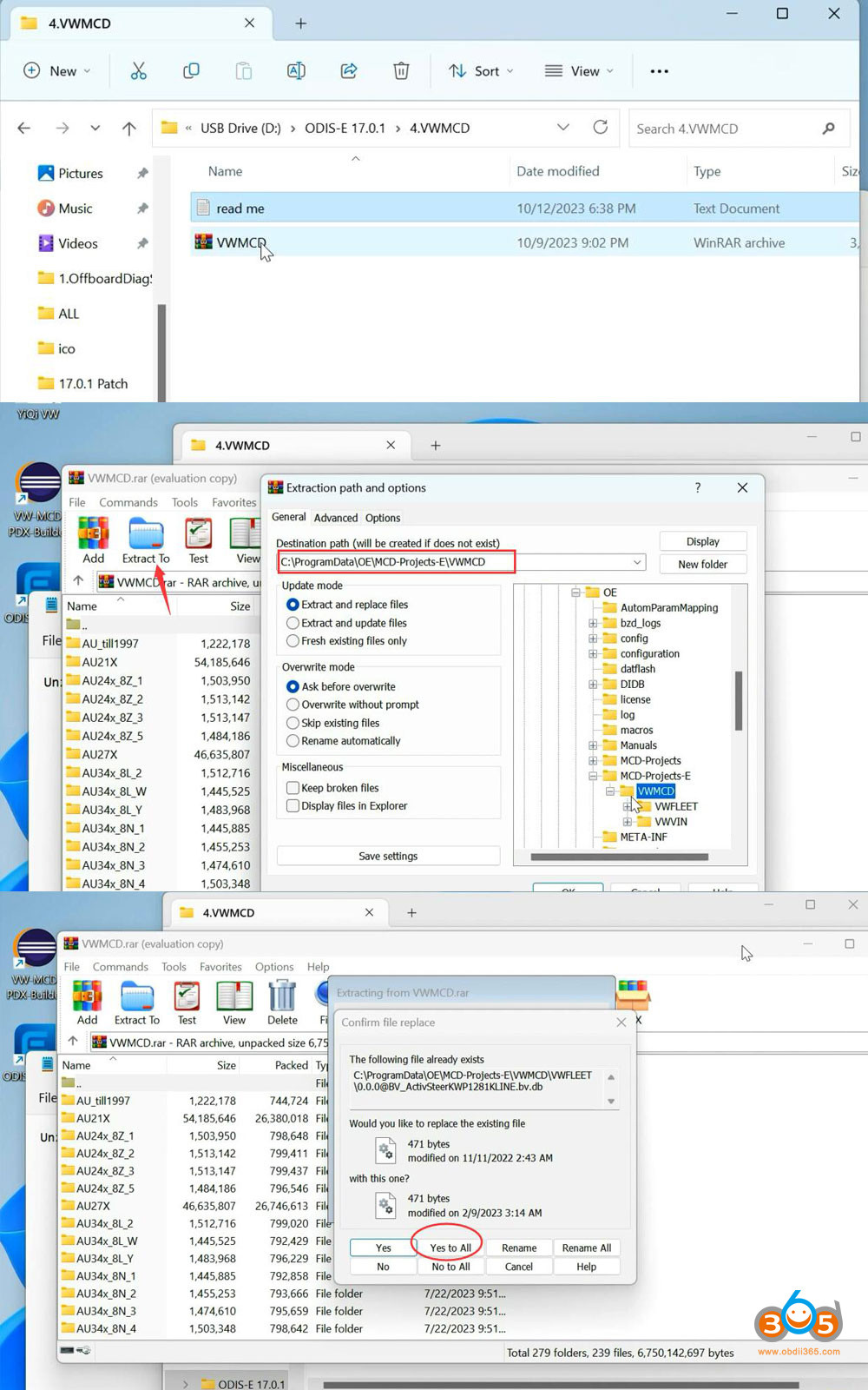 Extracting the VWMCD file to the specified directory for ODIS-E V17.