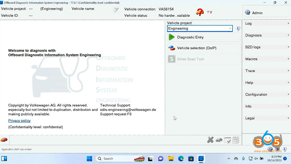Running the ODIS-E 17.01 software after successful installation.