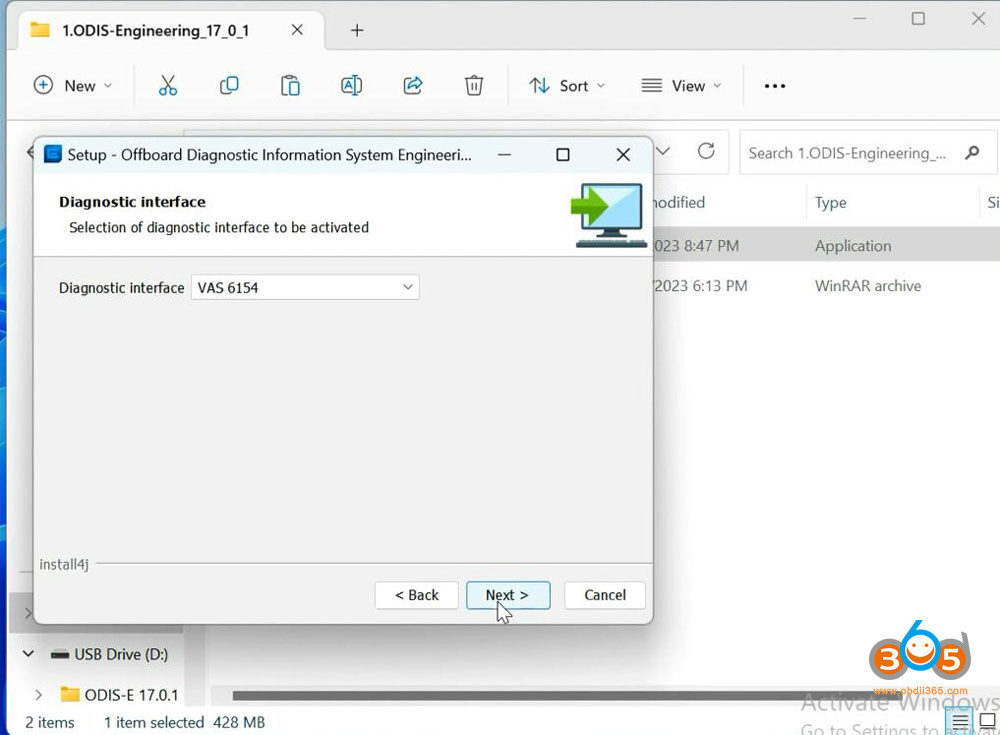 Selecting VAS6154 as the diagnostic interface during ODIS-E V17 installation.