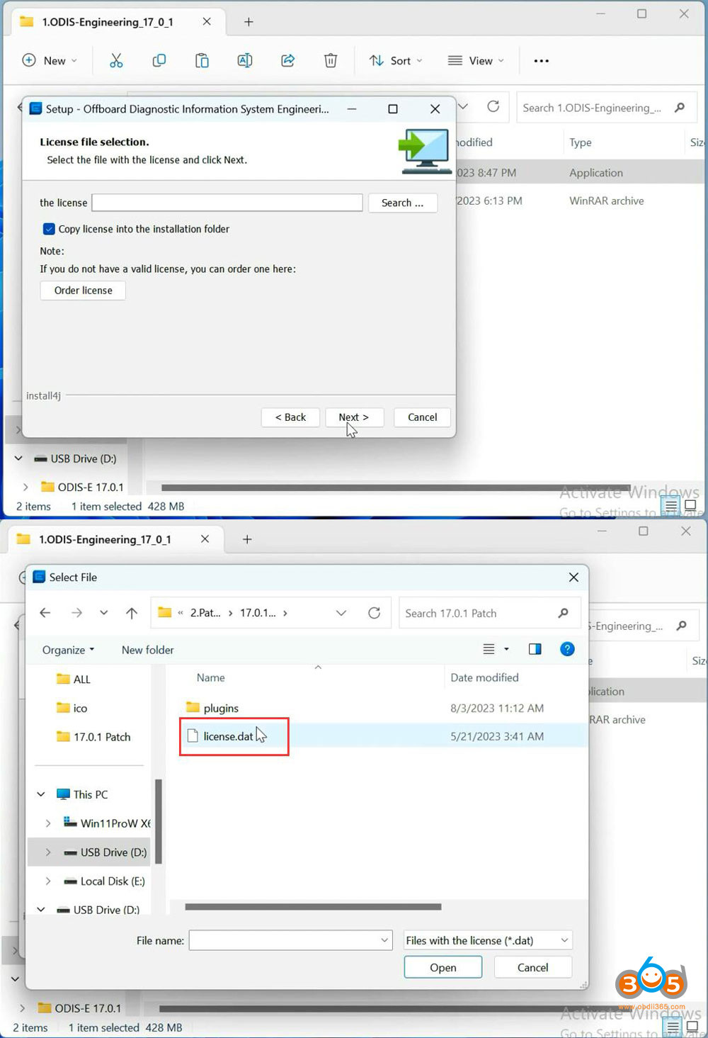 Navigating to the license.dat file within the ODIS-E V17 patch folder for activation.
