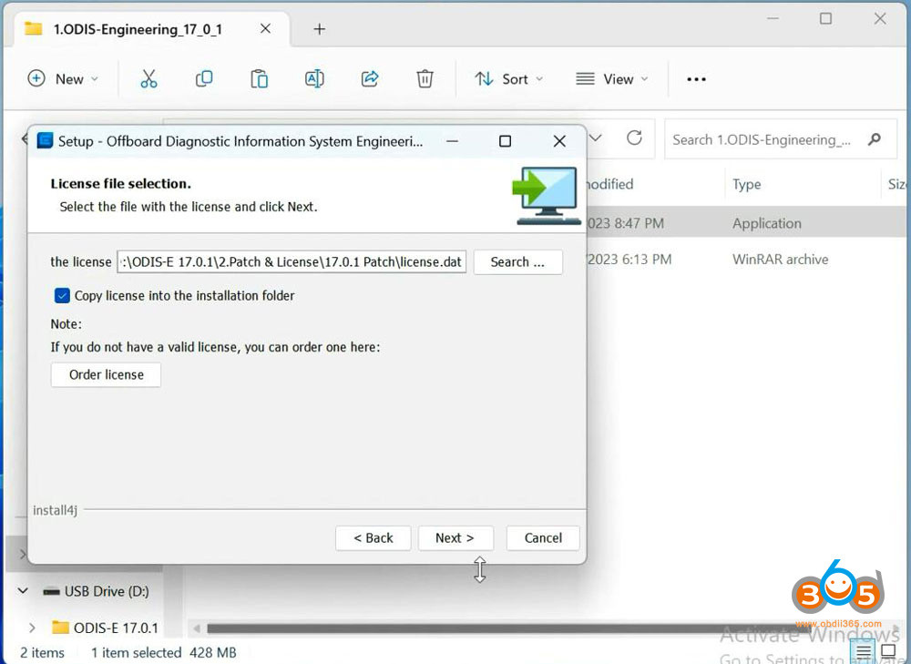 Selecting the license file for ODIS-E V17 activation.