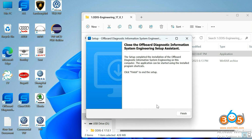 Completing the ODIS-E V17 setup installation process.