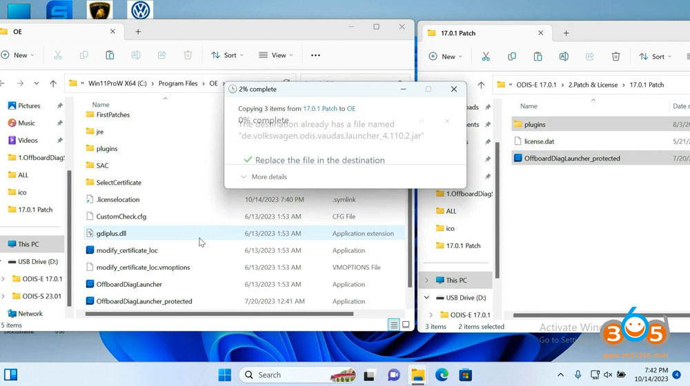 Pasting the copied patch files into the OE directory for ODIS-E V17 activation.