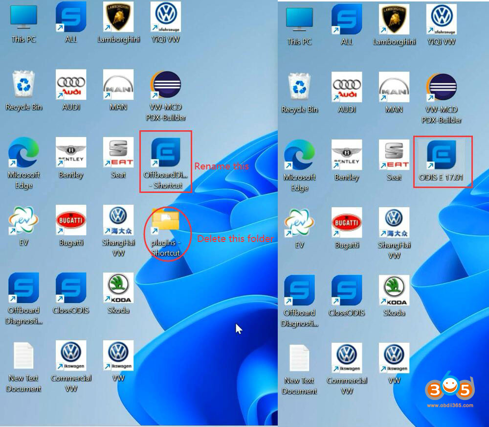 Renaming the desktop shortcut to ODIS E 17.01 for easy access.