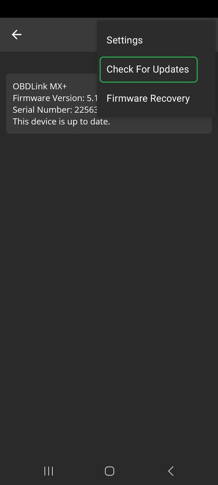 Android Firmware Updates Menu options. The Check For Updates button is highlighted. 