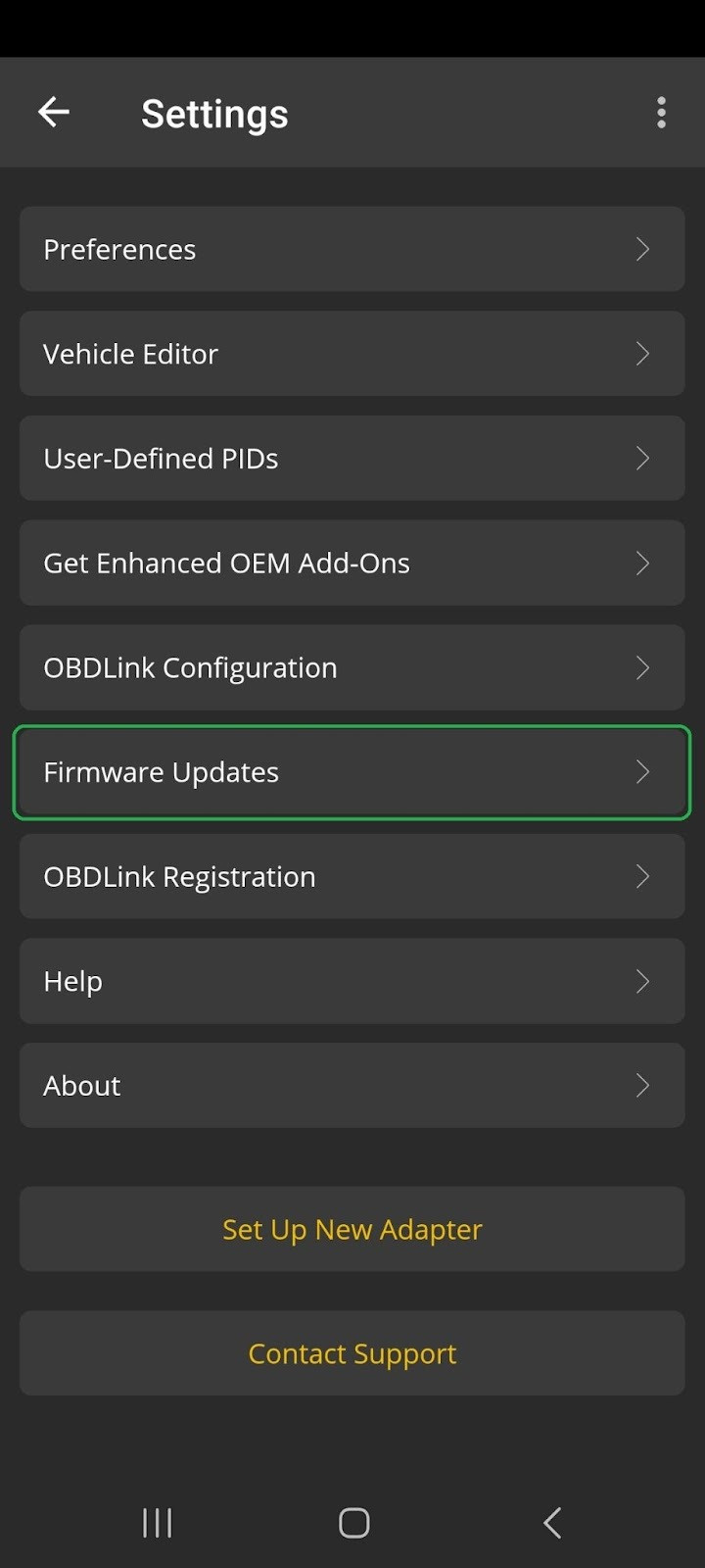 Android Settings screen with the Firmware Updates option highlighted.