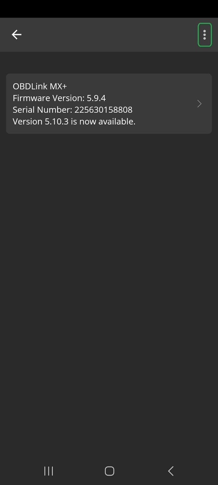 Android Firmware Updates screen showing the connected adapter. The Menu icon is highlighted.