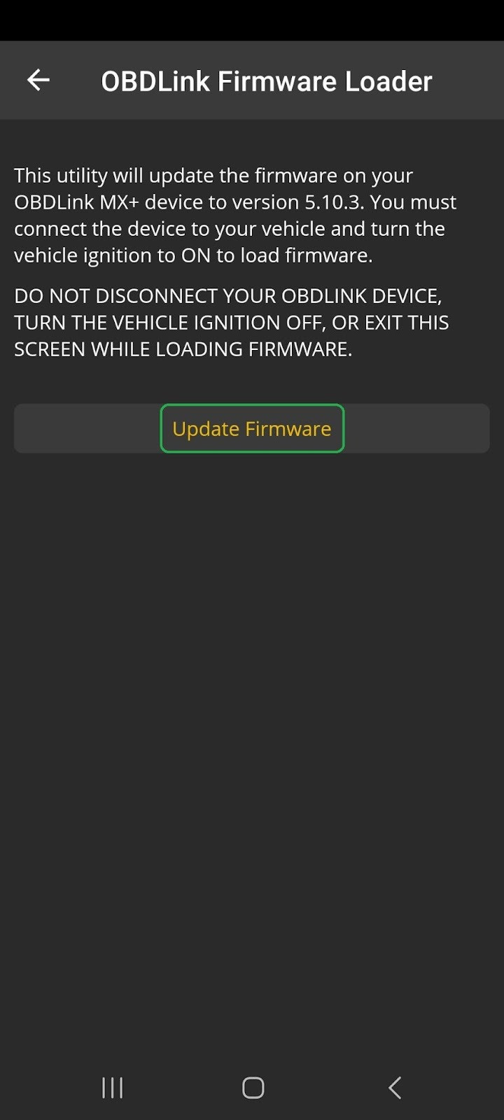 Android Firmware Updates, confirmation screen. The Update Firmware button is highlighted.