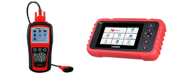 Comparison of Autel MD802 and Launch CRP129x OBD2 diagnostic scan tools, showcasing their display types, operating temperatures, software updates, vehicle coverage, weight, dimensions, and warranty periods.