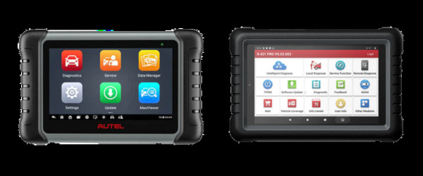 Side-by-side comparison of Autel MaxiPro MP808S and Launch X-431 ProS V professional scan tools, contrasting their display sizes, operating systems, RAM, operating temperatures, available functions, software update timelines, vehicle coverage, battery specifications, dimensions, and warranty periods.