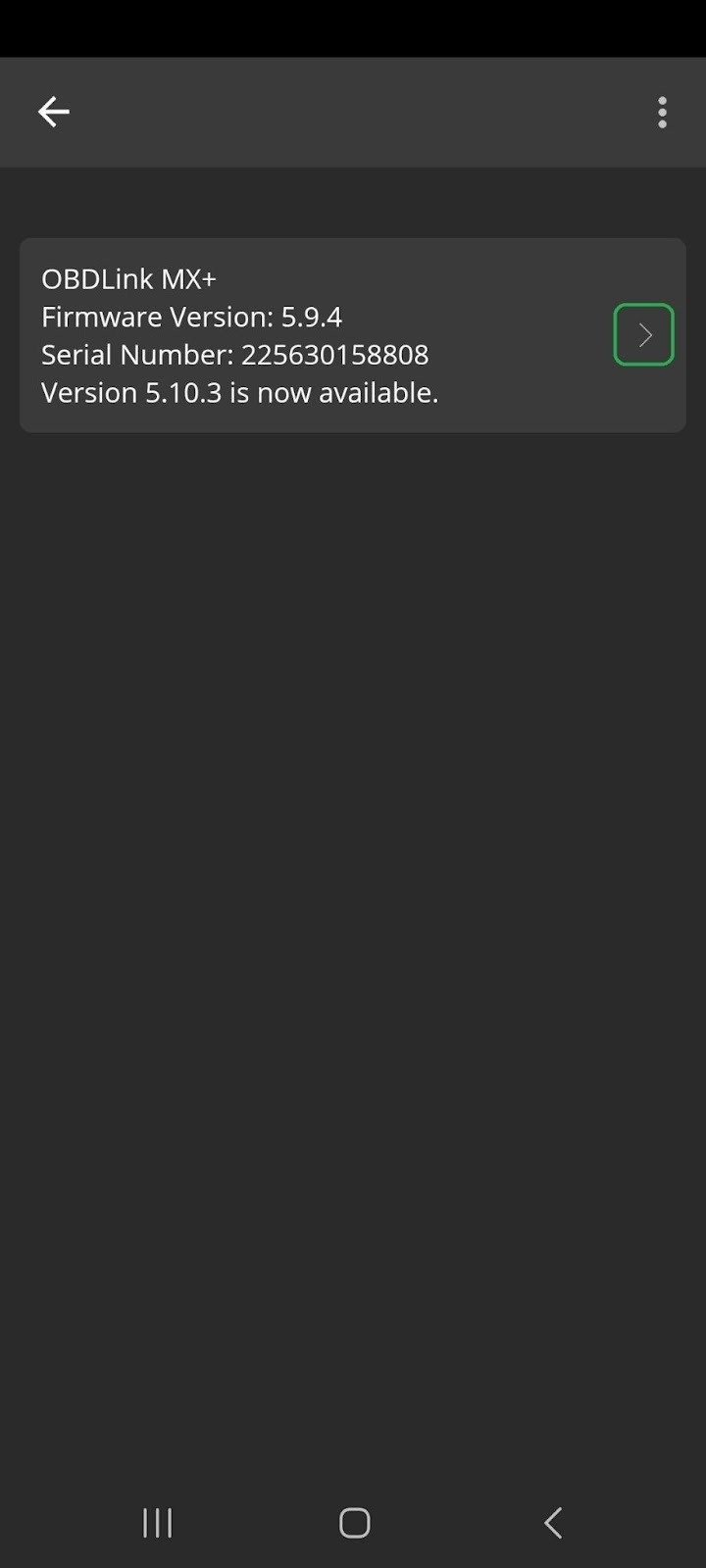 Android Firmware Updates screen showing the connected adapter. The arrow button is highlighted.