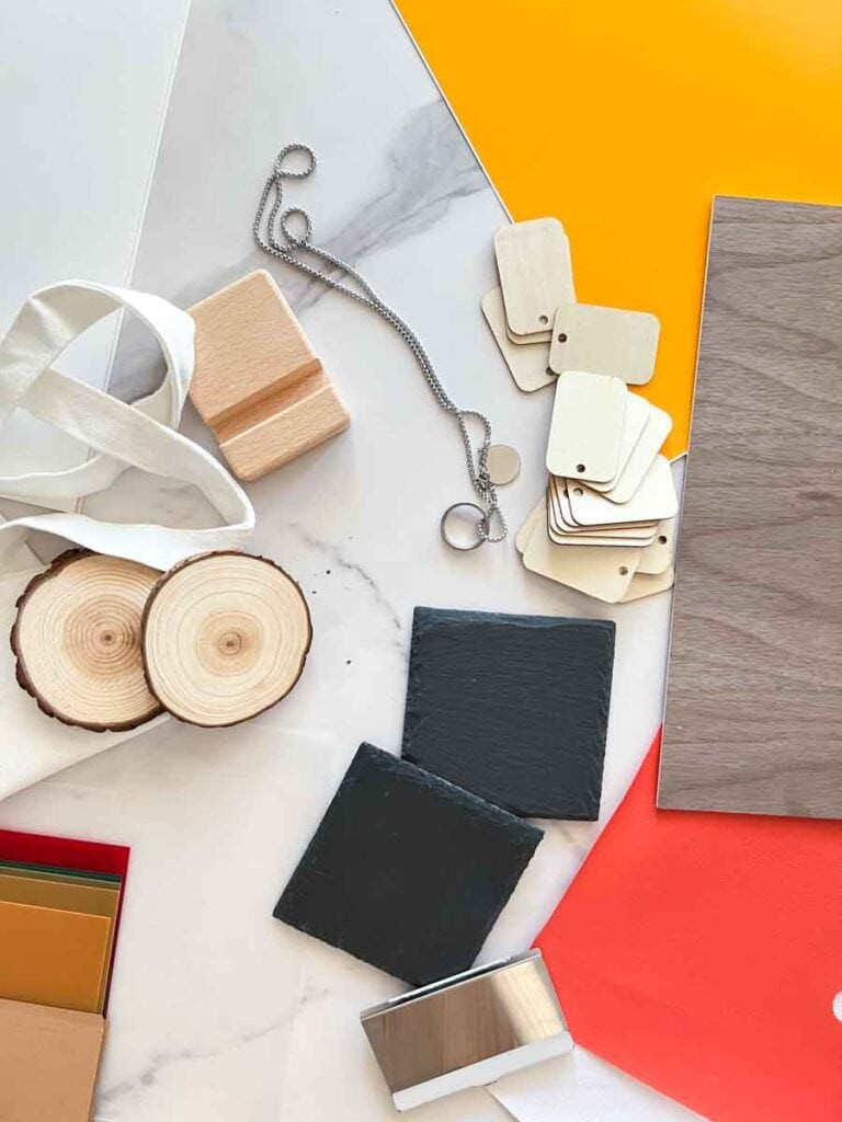 Materials that you can cut or engrave with an M1 from xTool, including fabric, vinyl, wood, metal, stone, and leather.